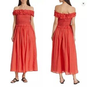 SEA NEW YORK Frida Off-the-Shoulder Ramie Midi Dress, Red, Size XS, NWT